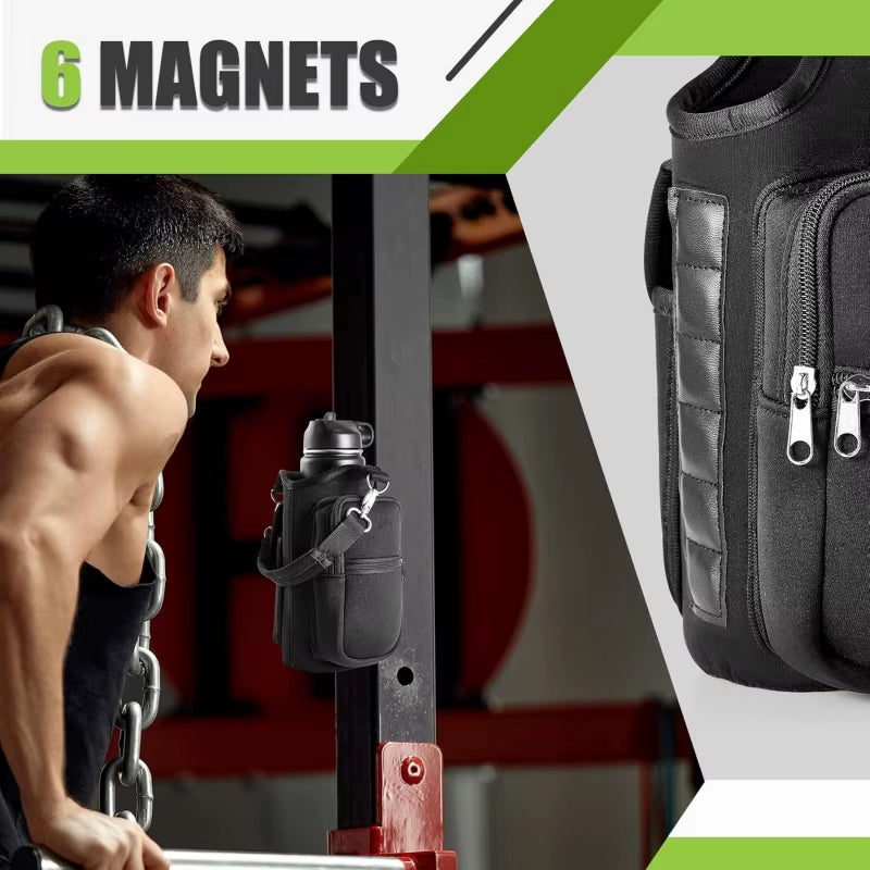 Magnetic Water Bottle Carrier with Phone Pocket, Shoulder Strap, and Six Built-In Magnets
