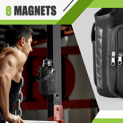 Magnetic Water Bottle Carrier with Phone Pocket, Shoulder Strap, and Six Built-In Magnets