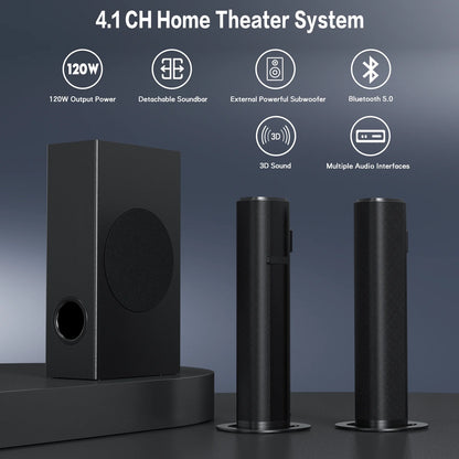 4.1Ch Sound Bar with Subwoofer, 120W Separable Sound Bar for TV, 2-In-1 Detachable Sound Bar with Usb/Aux/Coaxial/Optical/Hdmi/Bluetooth