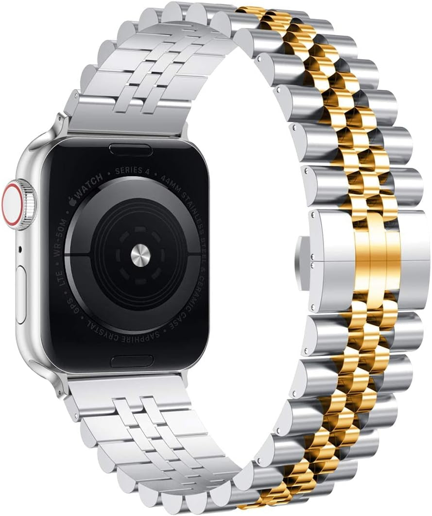 Stainless Steel Compatible Apple Watch Bands for 42mm, 41mm, 40mm, and 38mm - Heavy Link Bracelet with Butterfly Folding Clasp for Series 9/8/7/6/5/SE3/2/1 - Available in Silver and Gold for Men and Women