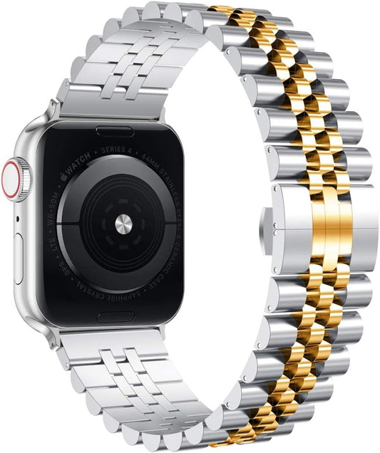 Stainless Steel Compatible Apple Watch Bands for 42mm, 41mm, 40mm, and 38mm - Heavy Link Bracelet with Butterfly Folding Clasp for Series 9/8/7/6/5/SE3/2/1 - Available in Silver and Gold for Men and Women