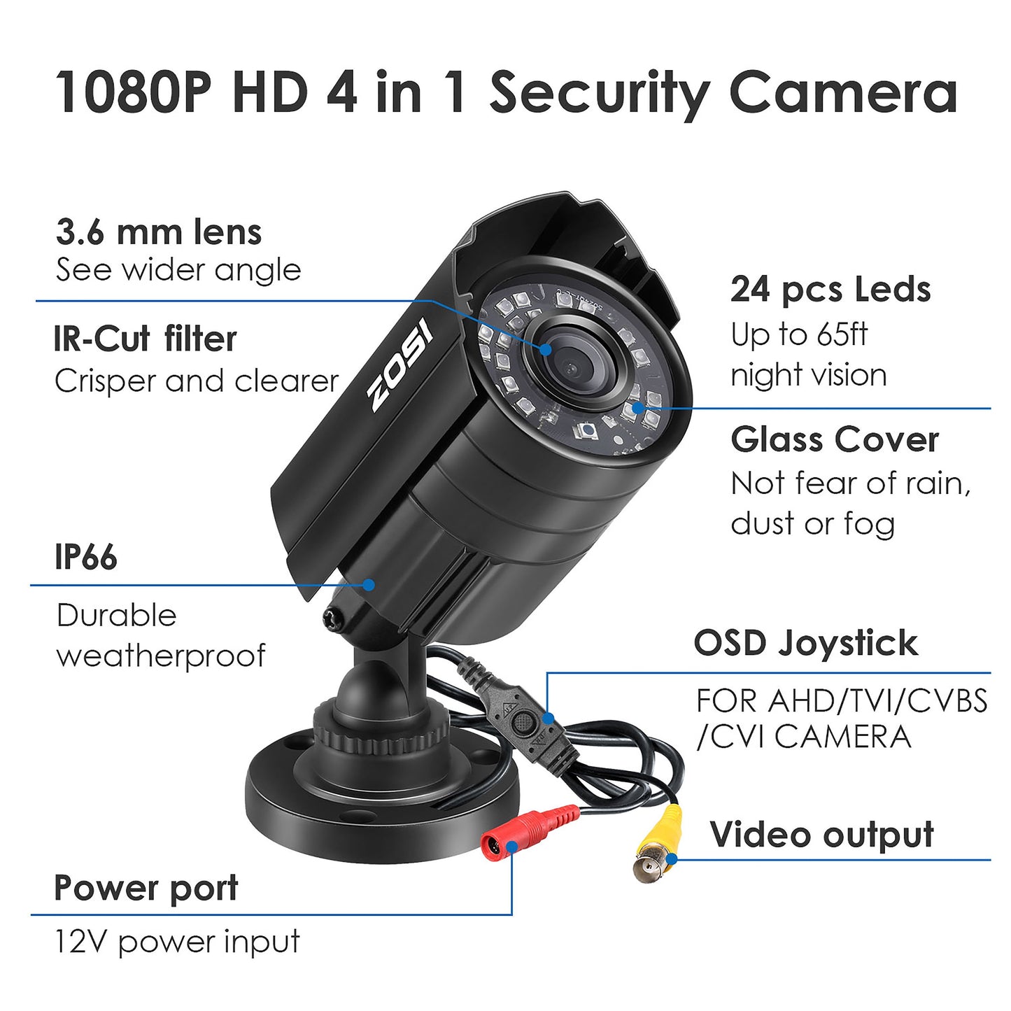 1080P HD TVI Security Camera - 4-in-1 Wired Outdoor Bullet Camera for Home and Office CCTV Systems with Night Vision