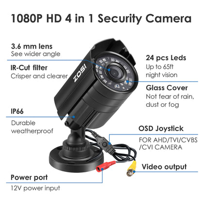 1080P HD TVI Security Camera - 4-in-1 Wired Outdoor Bullet Camera for Home and Office CCTV Systems with Night Vision