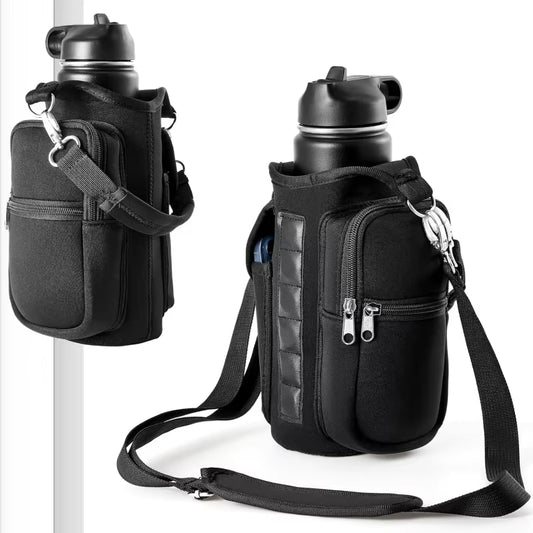 Magnetic Water Bottle Carrier with Phone Pocket, Shoulder Strap, and Six Built-In Magnets