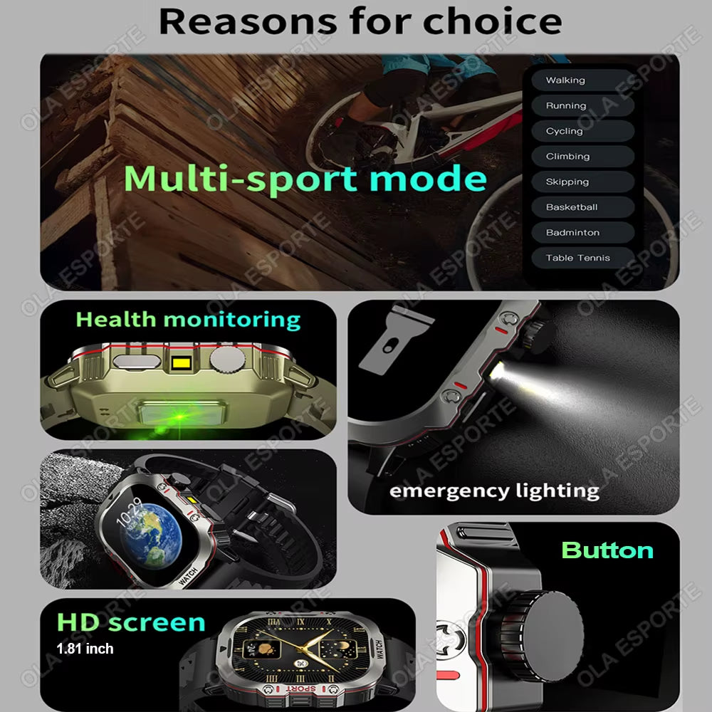 Men's Smartwatch with Flashlight, Bluetooth Calling, Fitness Tracking, IP68 Waterproof, Compatible with Android and iOS - 2025 Model
