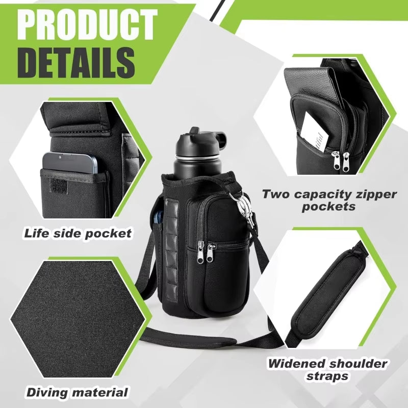 Magnetic Water Bottle Carrier with Phone Pocket, Shoulder Strap, and Six Built-In Magnets